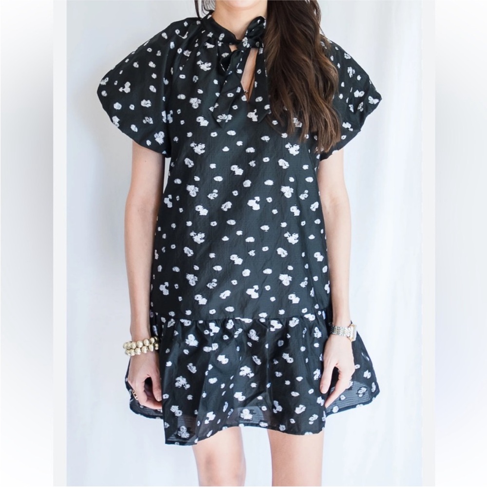 THML Black Patterned Puff Sleeve Mini Dress SZ XS NWOT